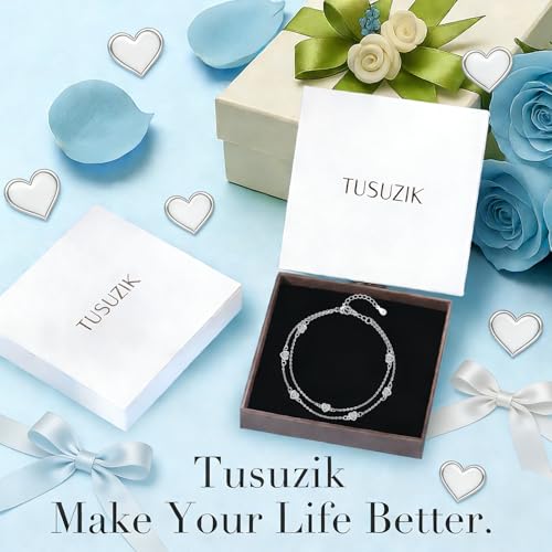 Tusuzik Women's Original 925 Sterling Silver Birthstone Bracelet Double Layer Personalised Heart Jewellery Birthday Gift For Mom Wife Girlfriend Friends Girls Teenagers