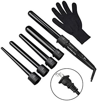 Heartbeat Shop Professional Hair Curling Wand Interchangeable 5 Parts Clip Less Iron Hair Curler Set + Heat Resistant Glove