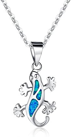 Rhodium Plated Sterling Silver Synthetic Blue Opal Gecko Lizard Pendant Necklace 18 inches for Women