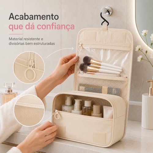 Bolsa Necessaire Maquiagem Cosméticos Feminina Viagem Com Divisória e Cabide para Pendurar Organizador de Maquiagem Muito Espaço para Maquiagem Shampoo Perfumes Higiene Pessoal (Preto)