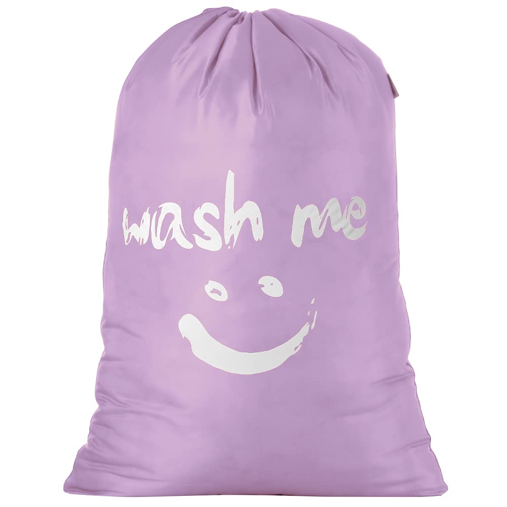 IHOMAGIC Extra Large Laundry Bag with Drawstring, Jumbo Size Washing Bag - Foldable Clothes Bag, Smile Durable Fabric Polyester Storage Bag for College Dorm Hotel Gym 61x92cm Purple
