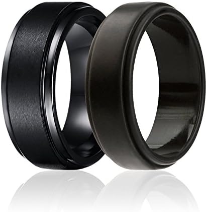SOLEED Twins - Set of 2-1 Black Tungsten Wedding Band, Brushed Top, Step Edge and 1 Black Silicone Rubber Wedding Ring For Men, 8mm, Size 9