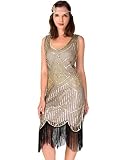 Women's Roaring 20s V-Neck Gatsby Dresses- Vintage Inpired Sequin Beaded Flapper Dresses (M, Dark Beige+Gold)