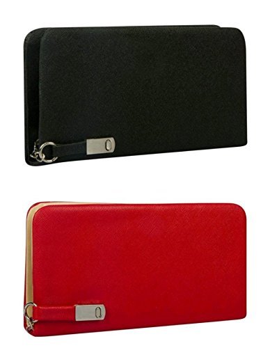 flora premium pu leather women's and girls wallet clutch combo (black / red color)