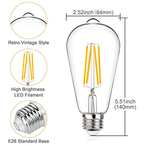 Vintage LED Edison Bulbs 6W, 60W Equivalent, Non-Dimmable 2700K Warm White, High Brightness E26 LED Light Bulb, ST64 LED Filament Light Bulb (10 Pack)