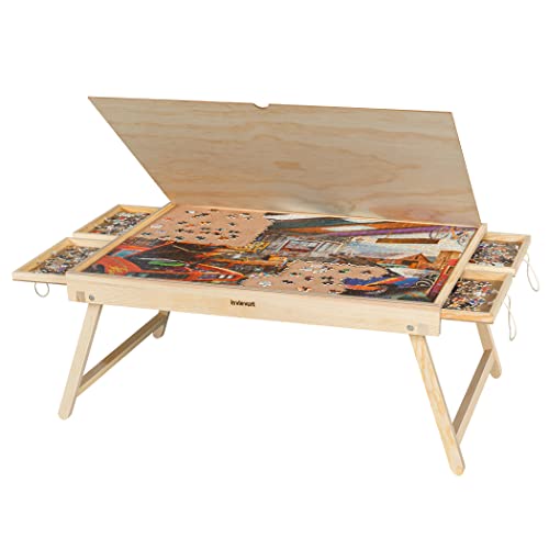 Lavievert Jigsaw Puzzle Table Puzzle Board with Wooden Protective Cover, Large Portable Puzzle Plateau with Folding Legs, 4 Drawers & Non-Slip Surface for Puzzles Up to 1,000 Pieces