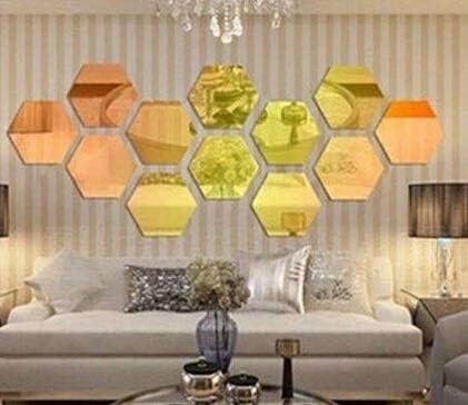 Ybqy Decorative Mirrors 3D Mirror Hexagon Acrylic Removable Wall Sticker Decal Home Decor Art DIY (Color : Gold, Size : 126x110mm)