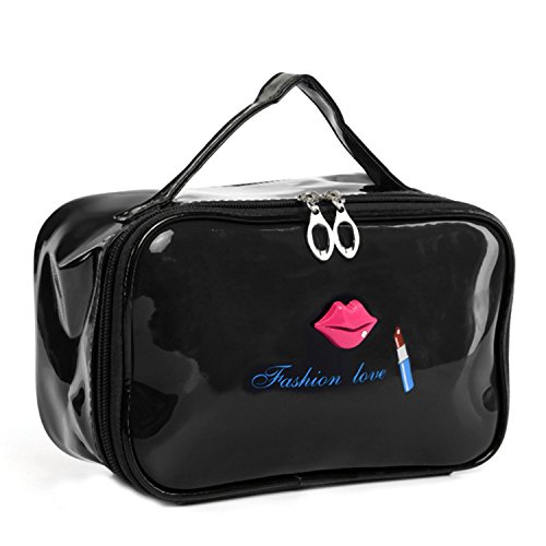Patent Leather Cosmetic Bag Waterfroof Makeup Container Pure Color Square Bag with Lip Pattern