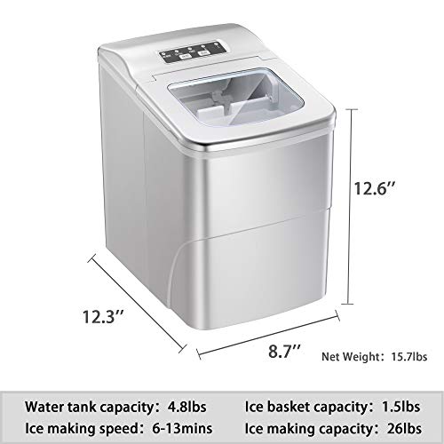 AGLUCKY Portable Ice Maker Machine Stainless Steel Covers,Countertop Automatic Ice Maker,26lbs/24hr,9pcs S/L Size Ice Cube Ready in 6-13 Mins,1.5lbs Ice Storage with Ice Scoop,Indicator Function,White