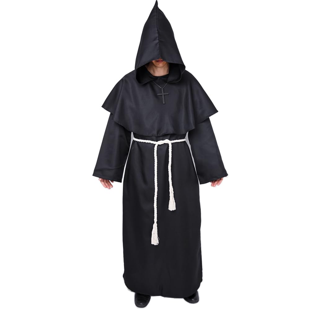 Monk Costume Medieval Friar Hooded Monk Renaissance Priest Robe Costume Halloween Fancy Dress (Black, S)