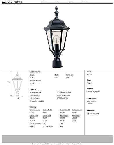 Maxim 1005BK, Westlake Cast Aluminum Post Lamp - 100W Black Outdoor Post Lighting, Incandescent Post Lantern. Lighting Fixtures