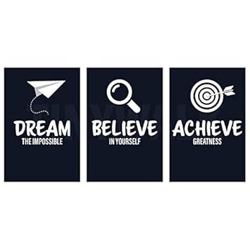 Tinywalk Motivational Quotes Room Posters -12X18 - Combo Pack - Set of 3 Wall/Door Posters for Boys, Girls Room - Dream Believe Achieve Black and White