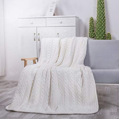 Premium Knit Sherpa Throw Blanket - 51"x 62" Reversible Fleece - Blanket for Bed and Couch - Off White Sherpa Blankets - Cream Knitted Throw Blanket