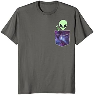 Mens Alien Pocket T Shirt | UFO from Cosmic Space Peace sign Tee Medium Asphalt