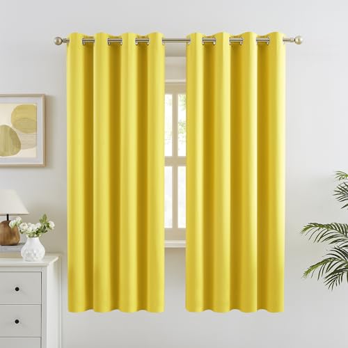 DUALIFE Thermal Insulated Blackout Curtains Room Darkening Grommet Top Drapes for Bedroom Living Room 72 Wx52 W Illuminating Yellow, 2 Panels