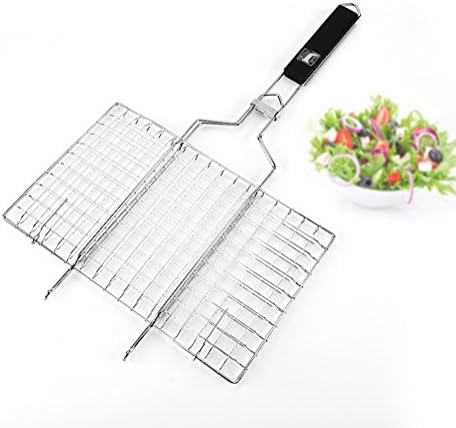 FHGJ Portable Stainless Steel Grill Basket with Removable Wooden Handle