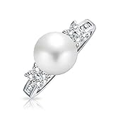 Bling Jewelry CZ Flower Cultured 8mm Pearl Engagement Ring Rhodium Plated