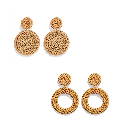 Rattan Earrings for Women Girls Handmade Lightweight Wicker Straw Stud Earrings Statement Weaving Braid Drop Dangle Earring Set(2pair) - Thumbnail 7
