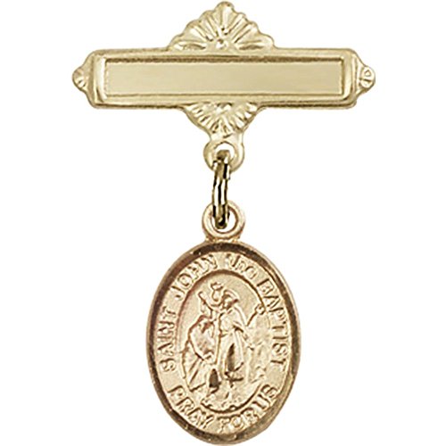 14kt Yellow Gold Baby Badge with St. John the Baptist Charm and Polished Badge Pin 1 X 5/8 inches
