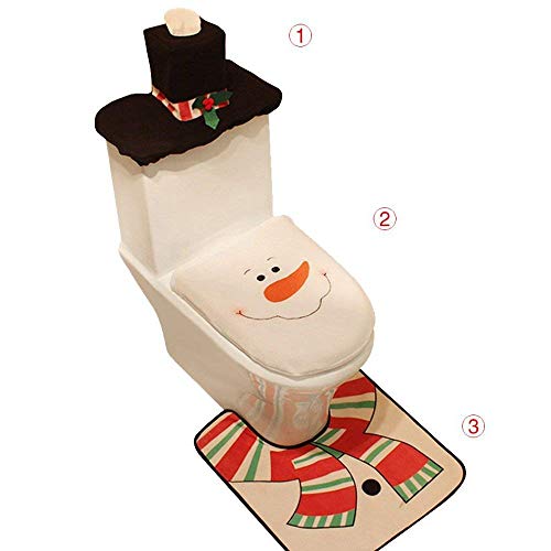 Auoinge Snowman Toilet Seat Cover and Rug Set, Christmas Bathroom Decoration Cute 3D Nose Plush Felt Lid Cover Tank Cover Rug, Set of 3 (Snowman)