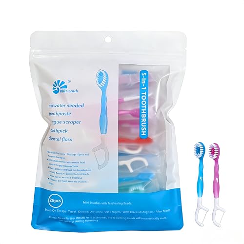 Travel Toothbrush with Mint Toothpaste, 5 in 1 Portable with Toothpaste Floss, Pick, Tongue Scraper Individually Wrapped, Travel Set (Mix, 26 Pcs)