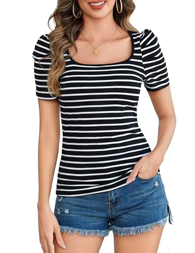 Camiseta Manga Corta Negro Mujer Básica Top T-Shirt de Raya Elegante Cuello Cuadrado Camisetas Algodón Ligero Casual Pullover Túnica Negro L
