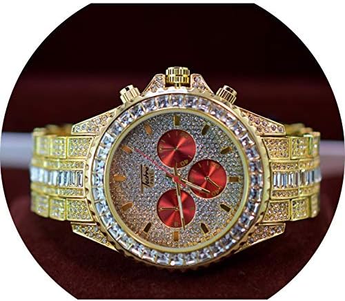 Full ICED Out Red Shiny Face Bling Bracket Set Lab Simulated Diamonds Clubbers Chronograph Watch