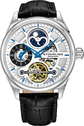 Stuhrling Original Skeleton Dress Analog Watch for Men, Dual Time Automatic Wristwatch, Stainless Steel, Calfskin Leather Strap, White Dial with Blue Accents