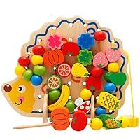 Kunmark Wood Stringing Beads Lacing Toys, Threading Learning Early Development Educational Toys with Fruits and Vegetables (Hedgehog)