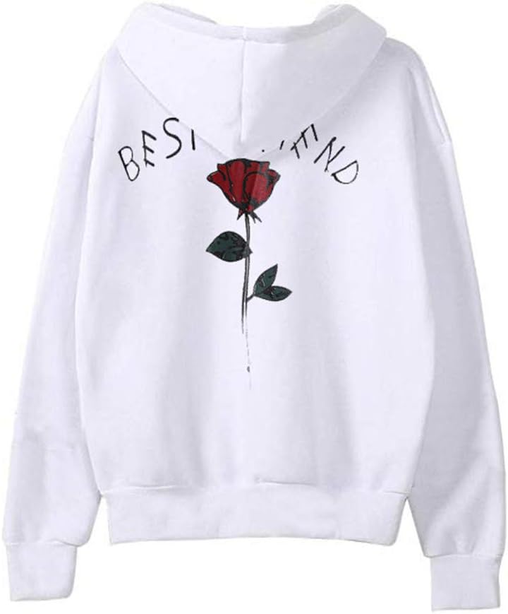 NYGSTORE Womens Best Friend Long Sleeve Rose Print Hoodie Sweatshirt Hooded Pullover Tops Blouse