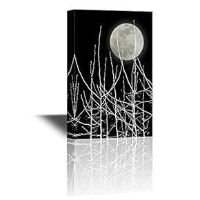 Canvas Wall Art - Full Moon in The Sky with White Tree Branches - Gallery Wrap Modern Home Art | Ready to Hang - 12x18 inches