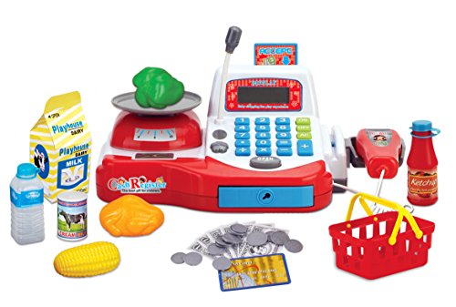 Multi-functional Educational Pretend Play Electronic Toy Cash Register with Microphone, Scanner, Scale, Calculator, Play Money, Credit Card Reader, Shopping Basket and Groceries