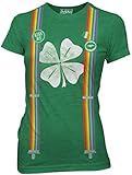 St Patricks Day Leprechaun Costume with Rainbow Suspenders Juniors Green Heather Tee