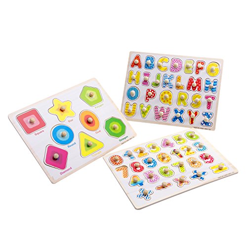 Kids Wooden Peg Puzzle,Educational Toy for toddlers Bundle Set Alphabet ABC Letters Numbers and Shapes Toy Board Game Cognitive Learning Gift for Age 3 4 5 6 7 Year Old Toddlers Baby Boys