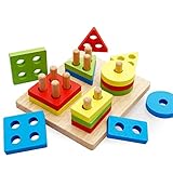 Wooden Geometric Shape Sorter and Colors Recognition Stacking Toys for Toddlers