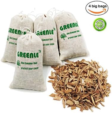 GREENLE Moth Repellent Sachets With Natural Camphorwood Root Chips Shaving Anti Moth for Closets Clothes Freshener Drawers Storage Accessories Pack of 4 Large Bags