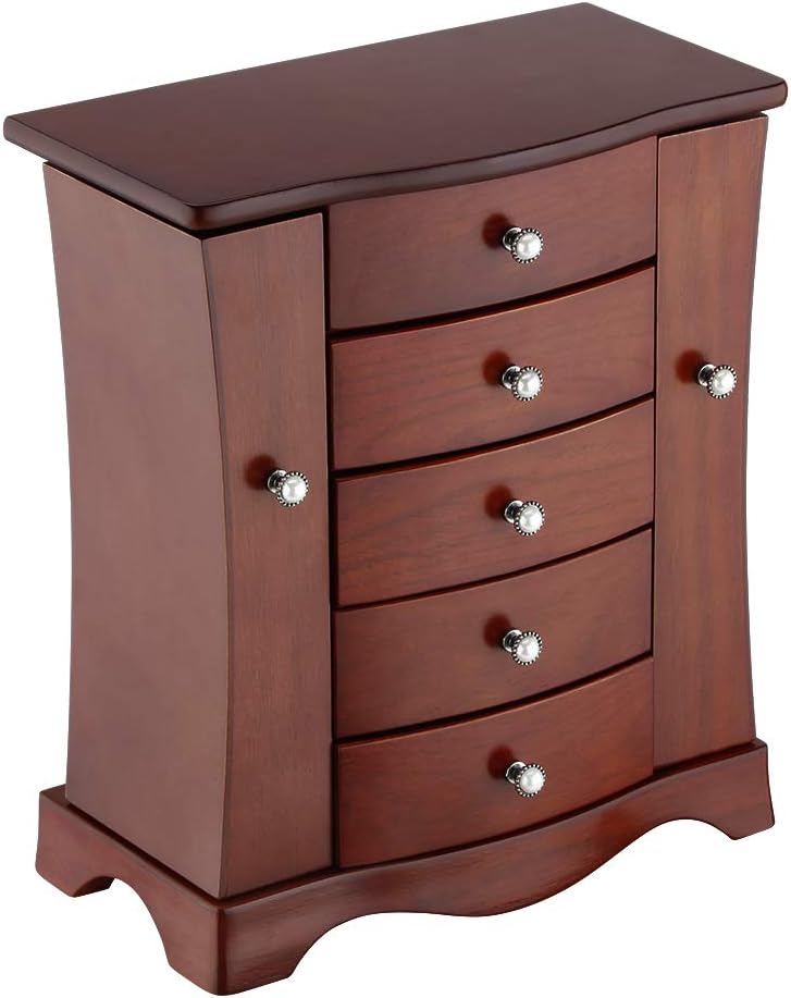 Jewelry Box - Made of Solid Wood with Tower Style 4 Drawers Organizer and 2 Separated Open Doors on 2 Sides and Large Mirror Brown: Home Improvement