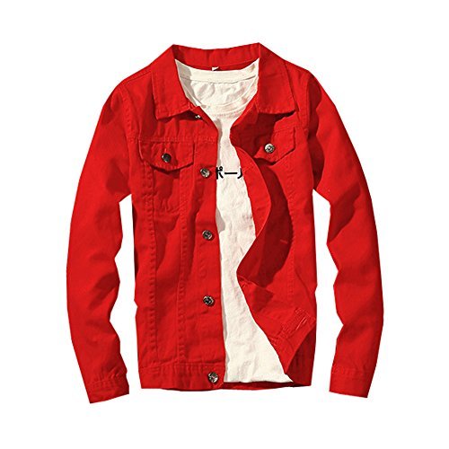 LifeHe 2017 Denim Jacket Men Slim Fit Fashion Jeans Coat (Large, Red)