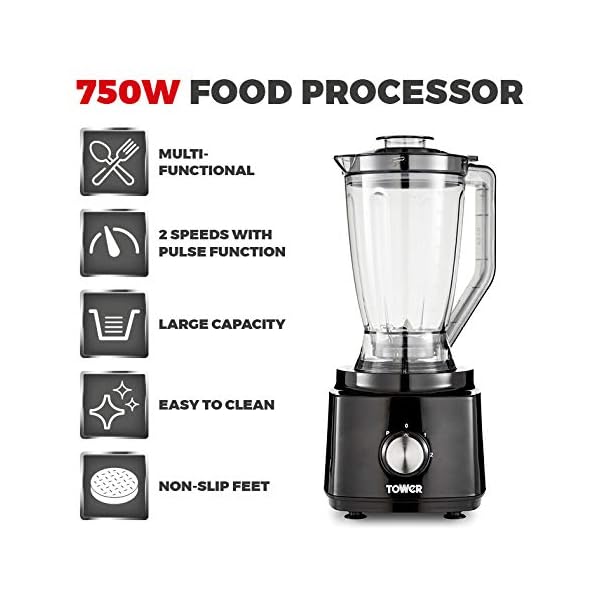 Tower-T18007BLK-Food-Processor-and-Blender-with-2L-Mixing-Bowl-18L-Jug-2-Speed-Settings-and-Pulse-Function-750W-Black-Plastic Tower T18007BLK Food Processor and Blender with 2L Mixing Bowl, 1.8L Jug, 2 Speed Settings and Pulse Function, 750W…