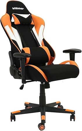 Amazon ゲーミングチェア 座椅子 オフィスチェア デスクチェア ゲーム用チェア ヘッドレスト 腰痛対策 回転による調整可能 競技用 ひじ掛け付き 日本語説明書付き オレンジと白 デスクチェア 文房具 オフィス用品