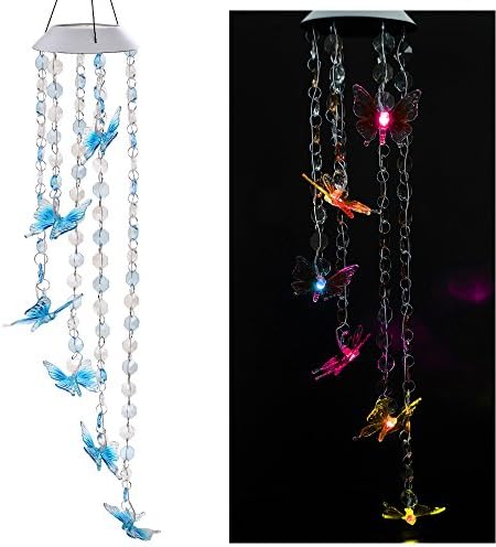 Solar Mobile Bead Wind Chime, Color Changing LED Solar Wind Chime Solar Powered LED Hanging Lamp Wind Chime Light Wind Chimes for Outdoor Indoor Gardening Lighting Decoration Home (Butterfly)