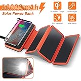 Solar Charger Wireless Power Bank,Waterproof Portable External Battery Pack 10000mAh with 3 Foldable Solar Panels,Flashlight,IP65,Dual 5V/2.1A USB Ports,for Smartphones, Tablets and more(Orange)