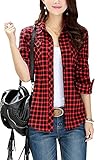 FShop365 Women Long Sleeve Roll up Sleeve Casual Plaid Button-up Flannel Boyfriend Shirts