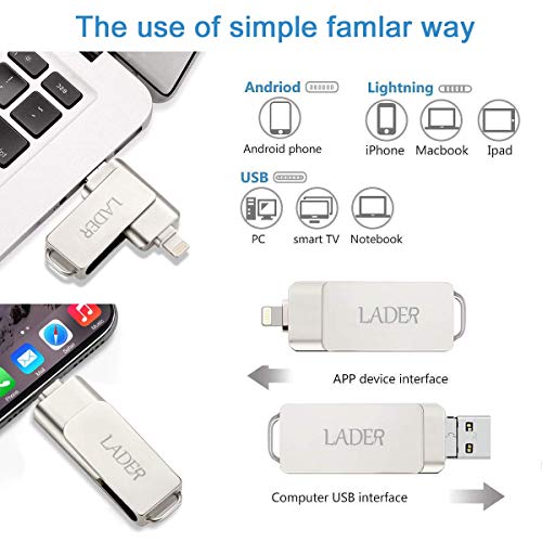 USB Flash Drives for iPhone 128GB [3-in-1] OTG Jump Drive, LADER Thumb Drives External Micro USB Memory Storage Pen Drive, USB Flash Memory Stick for iPhone, iPad, iOS, Android, PC (128GB, Silver)
