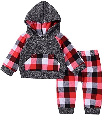 Cute 2PCs Baby Boy Lattice Printing Long Sleeve Hoodie Tops Sweatsuit + Pants Outfit Sets (60(0-3M), Lattice)