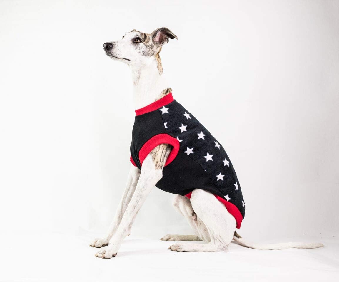 Dogsnug Fleece Dog Jumper Winter Sweater Coat Waterproof Sighthound Lurcher Whippet Italian Greyhound (Deep Chest - L, Red & Black Stars)
