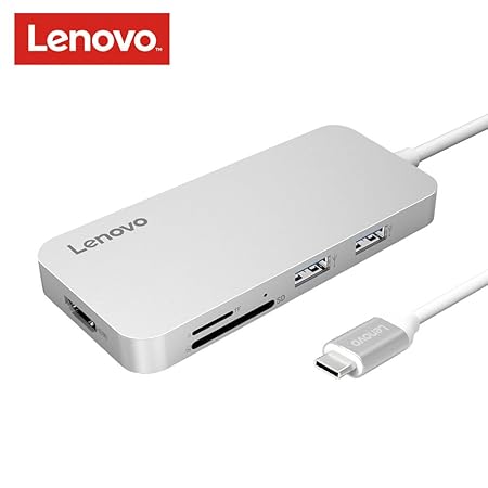 Lenovo Type C Hub, USB C Hub 3.1 mit USB C Ladeanschluss, 2 USB 3.0 Anschlüsse, 1 USB 2 Anschlusse, 4K HDMI, SD & Mikro SD Ka