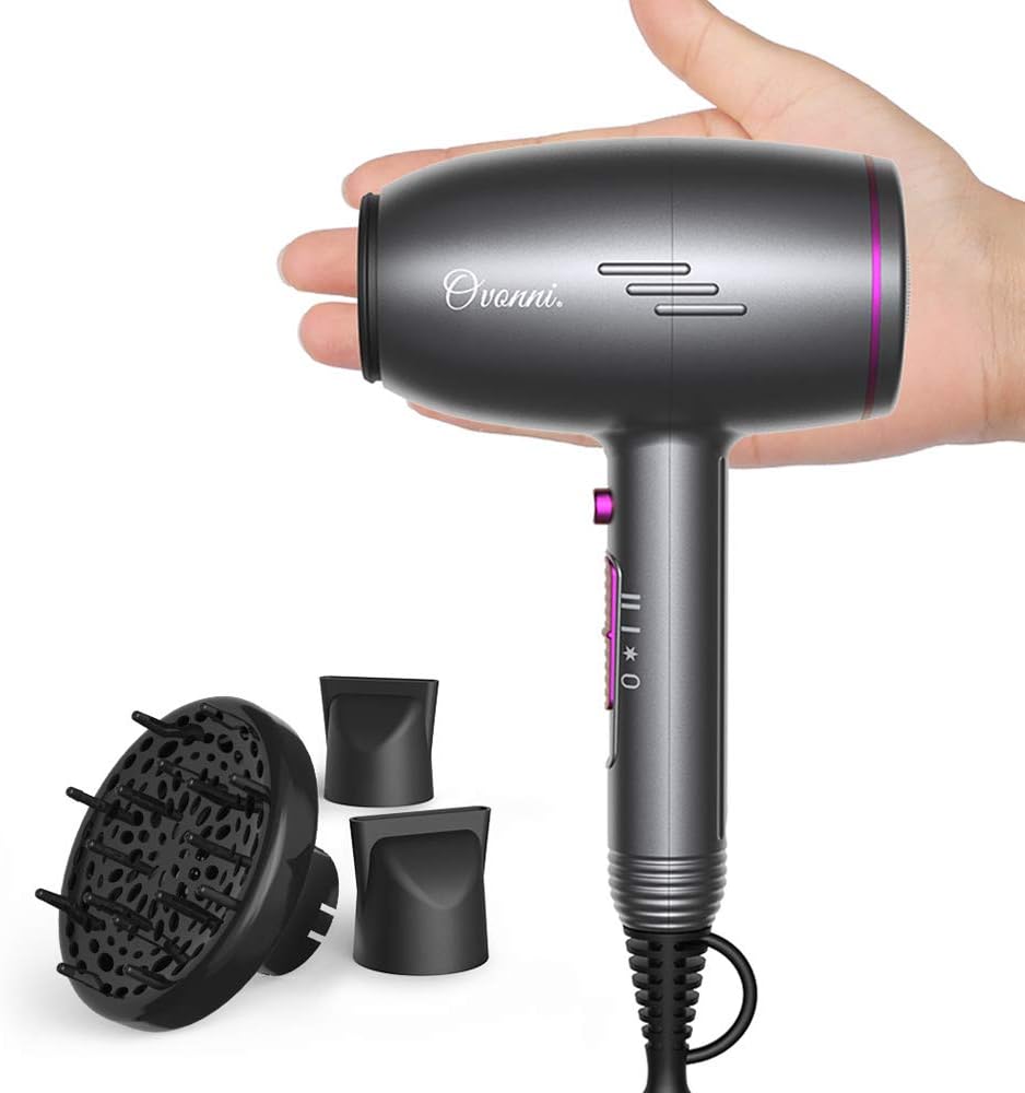 Ovonni Mini Hair Dryer with Diffuser, Professional Portable 1400W Negative Ion Ceramic Tourmaline AC Motor Blow Dryer with Comb Attachment, Compact Small Size Quiet Hairdryer for Travel(Gray)