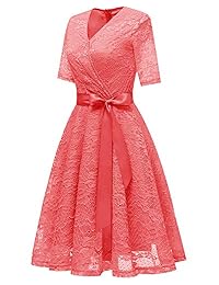 dama de honor Mujer Manga 1 2 cuello en V Encaje de flores fiesta de cóctel vestido de envolver con cinturón