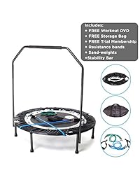 MaXimus trampolín pequeño plegable en cuatro partes profesional. Incluye DVD, bolsa con barras, bandas y pesas.
